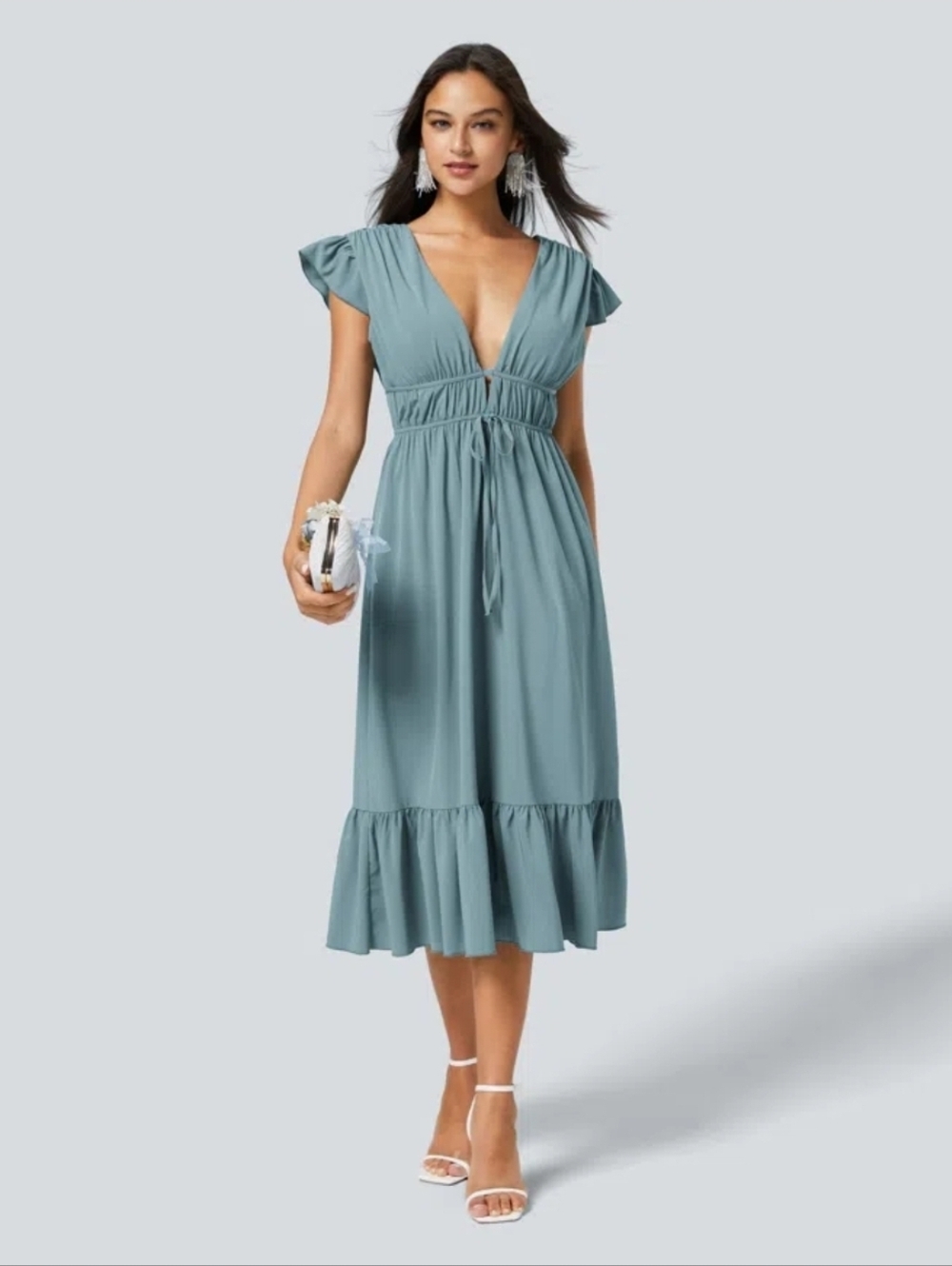 HALARA Deep V Midi Dress with Ruffle Hem
